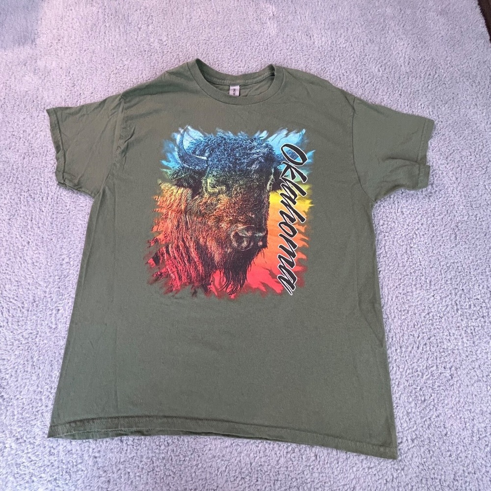 Oklahoma Shirt Men's Large Green Buffalo Graphic Print Short Sleeve Crew Neck
